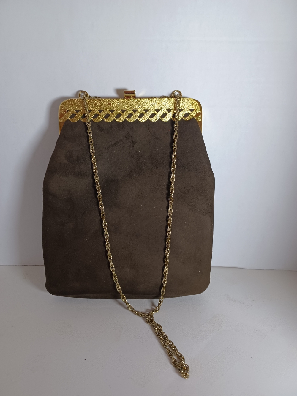 Brown Suede Clutch with Gold Frame and Chain Strap